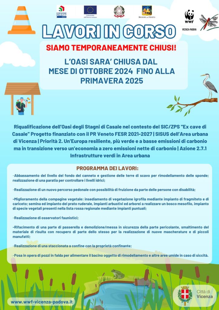 L'Oasi sara' chiusa dal mese di ottobre 2024 fino alla primavera 2025.